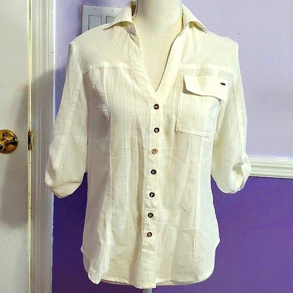 Bebe Off White Lightweight Semi Sheer Chic Rolled Sleeves Button Up Shirt XS